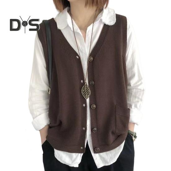 Women Knitting Vest V-Neck Sleeveless Single Breasted Warm Waistcoat Solid Color Loose Fit Knitted Tank Tops with Pockets