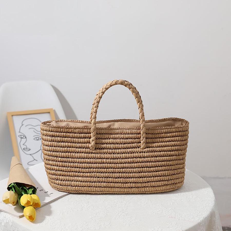 

Summer Large-capacity beach straw bag new hand-woven women s handbag simple trendy drawstring totes travel rattan crochet clutch 42x20x39cm коричневий