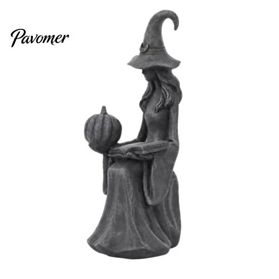 Artistic Resin Crafts Halloween Witch Statue, Gothic Figurine with Pumpkin And Book, Matte Black Themed Gifts Sculpture, Mantel Shelf Desk Decor,