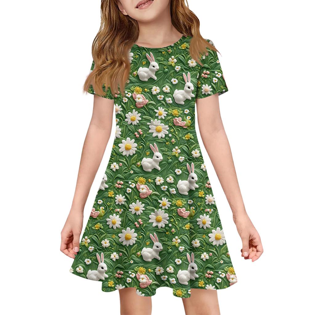 Girl Summer Dress Color & Print Short Sleeve Dress With Pocket Casual Dress Shorts Sleeve Party Dress Easter Day