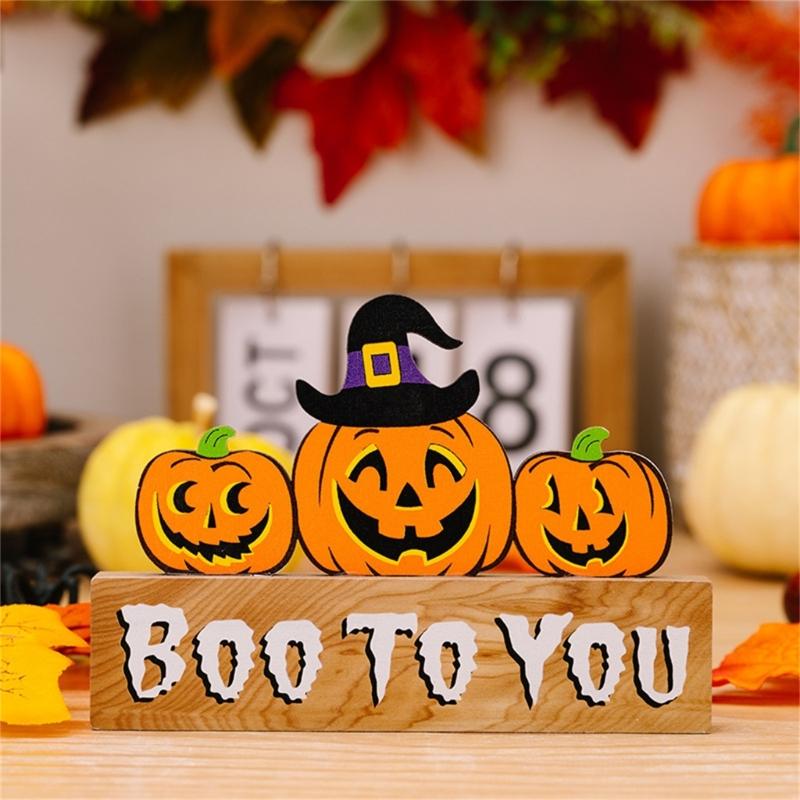 2Pcs Creative Halloween Gnomes Pumpkin Witch Figurines Wooden Block Table Sign For Festives Home Shelf Tiered Tray Decors