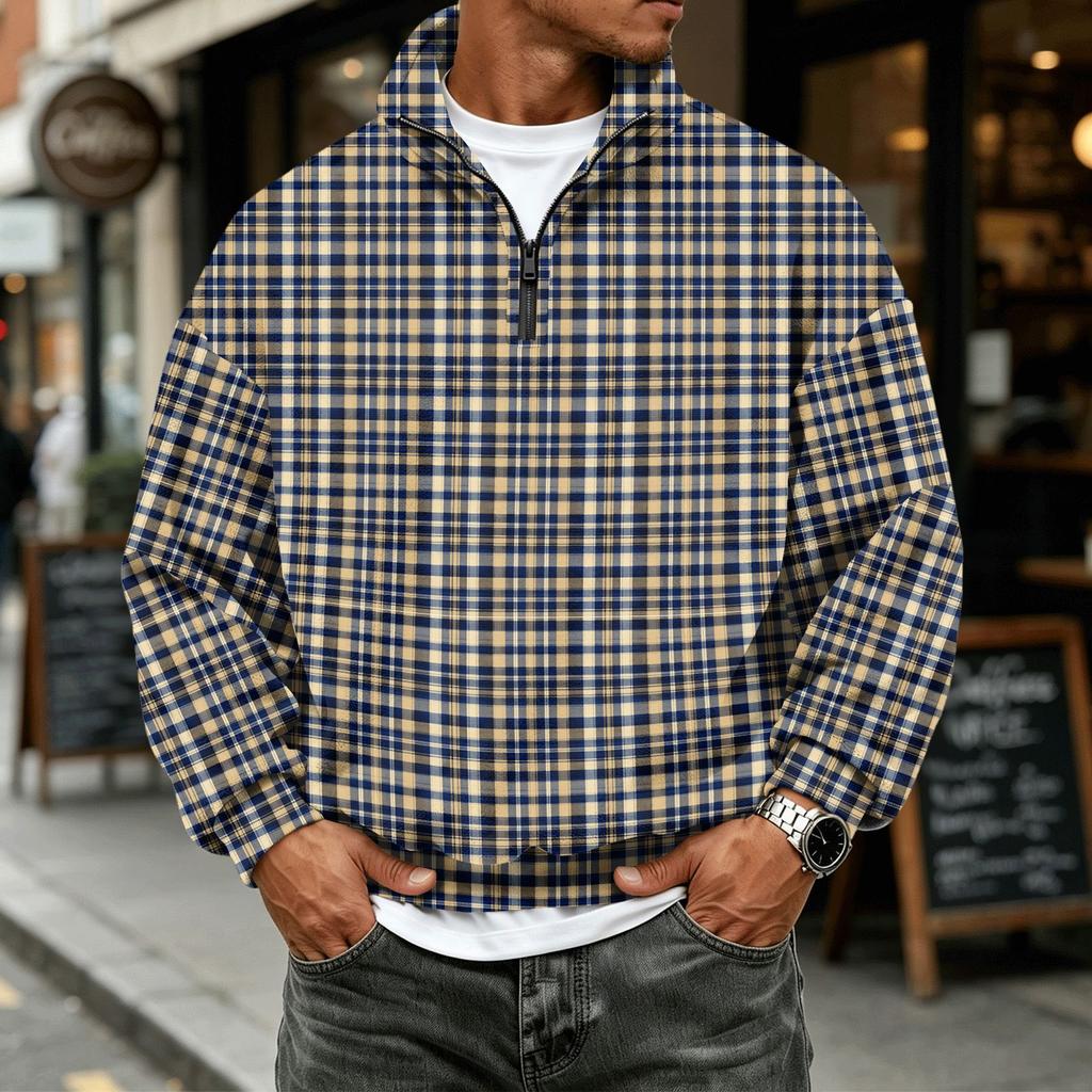Men's Flannel Long Sleeve Sweatshirt with 1/4 Zip and Plaid Print for Casual Wear