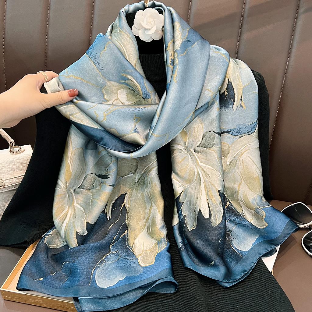 Chinese style lotus simulation silk scarf spring and summer versatile temperament silk scarf summer sunscreen shawl gift for elders