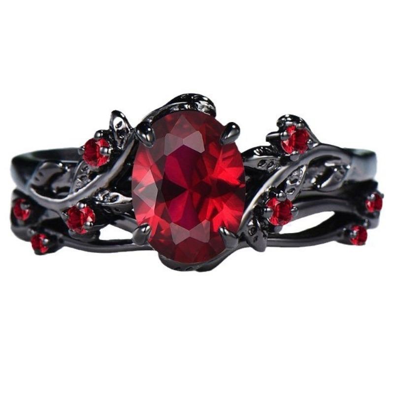 Vintage Black Color Oval Inlaid with Red Zircon Set of Rings Fashion Metal Geometry Gift Party Women's Ring Jewelry Sets