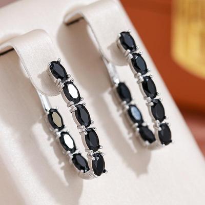 Çift Katmanlı Kaplamalı Oval Siyah Zirkon Gümüş Renk Dangle Küpe Gotik Tarzı Kadın Günlük Aksesuarları