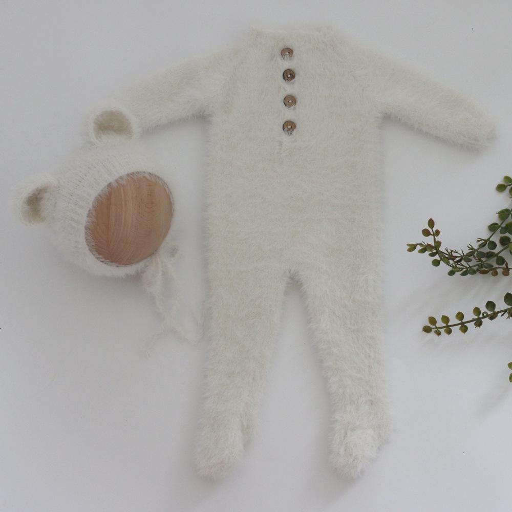 New Newborn Photography Clothing, Baby Soft Knitted Bear Onesie + Hat Two-piece Set