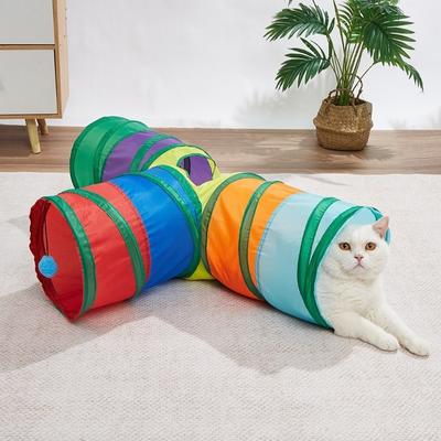 Cat Peek Hole Toy Colorful Folding Cat Tunnel Toys Breathable Interactive Pet Play Tunnel with Ball Kitty Training Toy Training