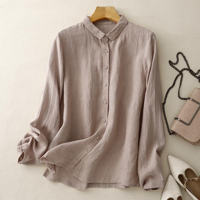 DIMANAF 2025 Plus Size New Summer Blouse Linen Solid Shirt Women Loose Long Sleeve Shirt Casual Tops Tees