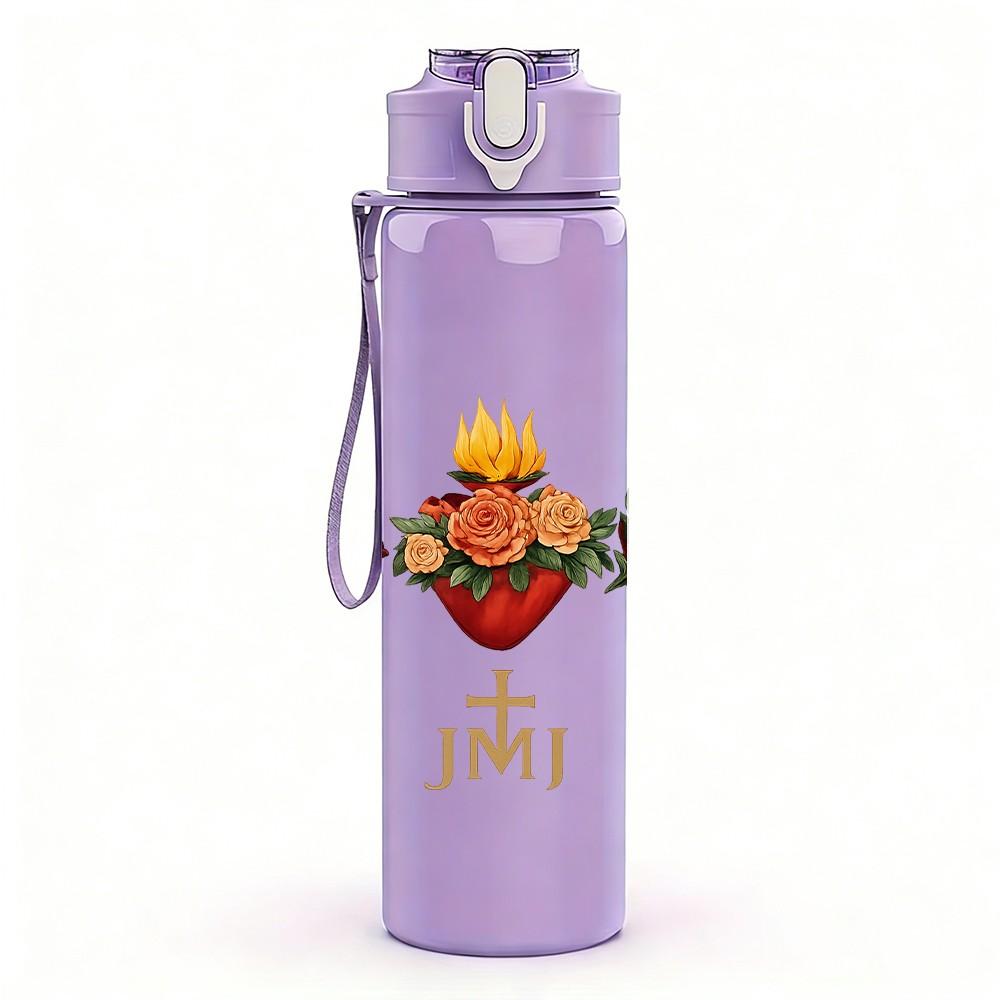 1PC Sacred Hearts JMN Floral 750ml Color Plastic Sports Water Bottle Leakproof Flip Straw Lid Suitable for Sports Office Home Use