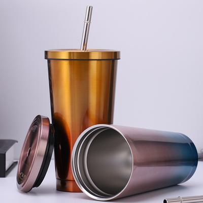500 ml Edelstahlbecher mit Deckel, Vakuum-Doppelschichtbecher mit Strohhalm-Isolierflasche, wiederverwendbarer Kaffee-/Saftbecher, Trinkgeschirr