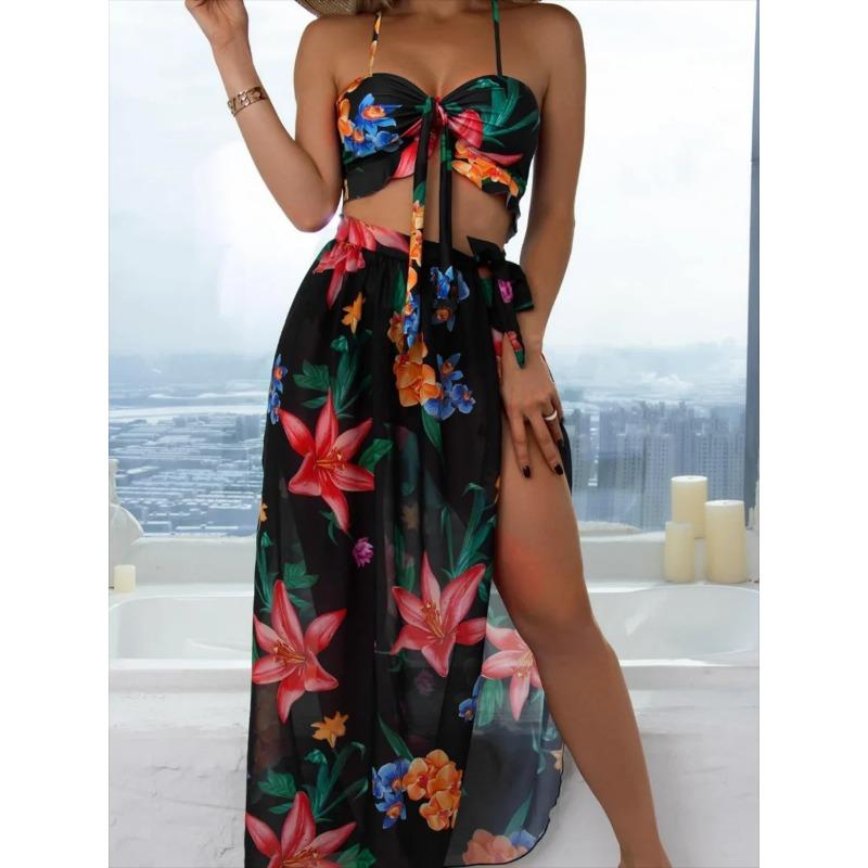 3 Pieces Floral Print Knot Front Bikinis 2025 Women Ruffle Swimwear Female High Waist Swimsuit With Beach Skirt Bathing Suit