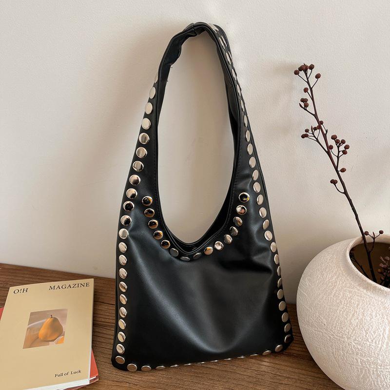 Trendy Retro One-Shoulder Rivet Bag with Textured Design