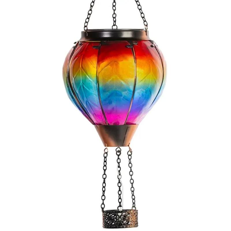 Vintage Solar Garden Lamp LED Flame Effect Hot Air Balloon Outdoor Decor Metal Glass Flickering Lawn Light Waterproof
