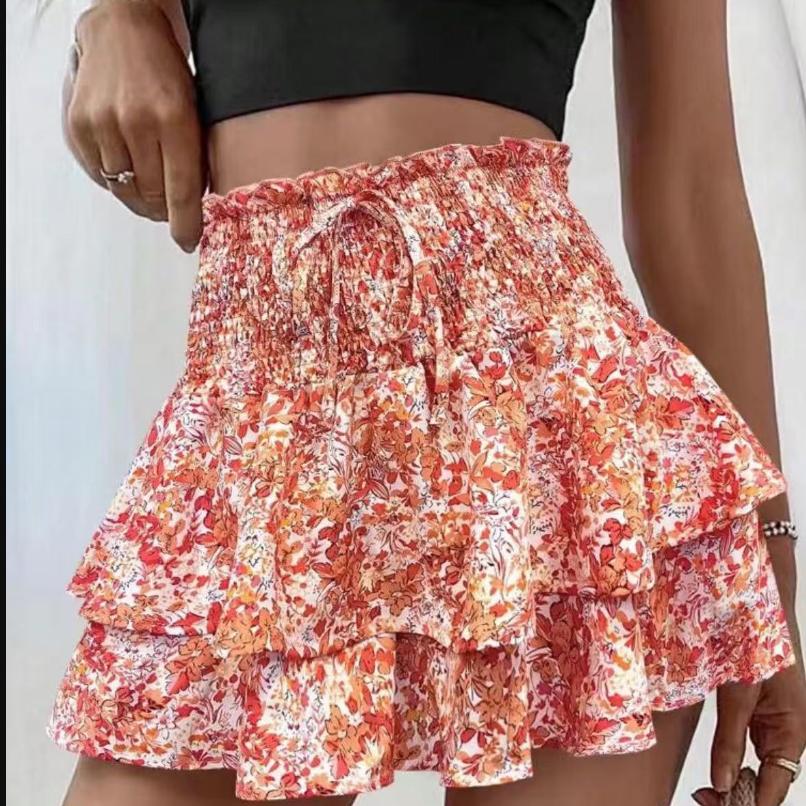 Women's Fashion Floral Skirt Pleated Skirt Ruffle Printed Short Skirt