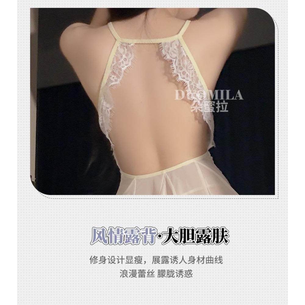 Domila Lace Milk Fishing Series Deep V Perspective Nightdress 6213 Erotic Underwear Sexy Naked Back Hip Pants F055