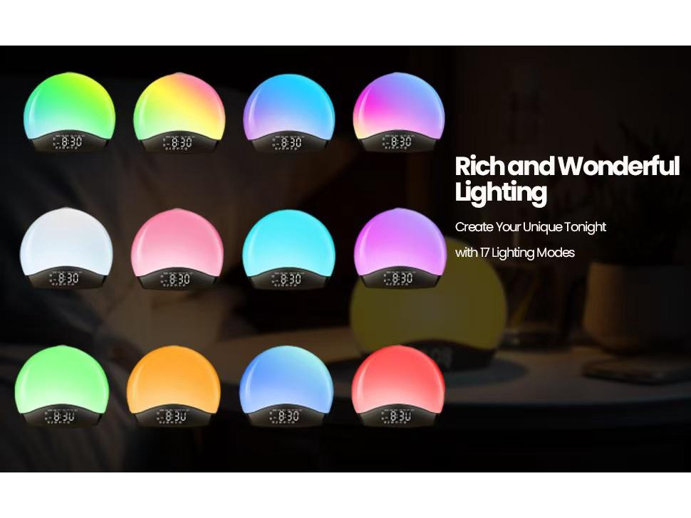 Popular Smart Sunrise Wake-up Light and White Noise Sleep Aid Alarm Clock with Atmosphere Lamp
