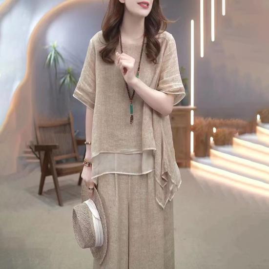 2 Pcs/Set Women Top Pants Set Round Neck Half Sleeves Irregular Hem Blouse Wide Leg Elastic Waist Wide Leg Trousers Daily Leisure Dating Outfit