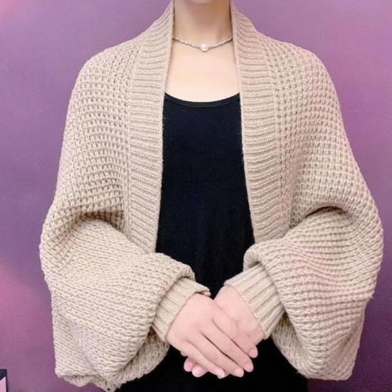 Autumn Winter Knitting Shawl Ribbed Trim Long Sleeve Open Front Shawl Wrap Solid Color Ribbed Trim Cozy Wrap