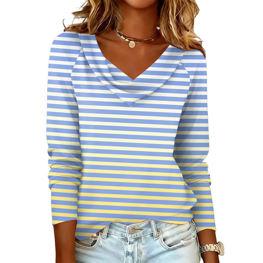 Ladies' striped printed casual and fashionable long sleeved pullover top