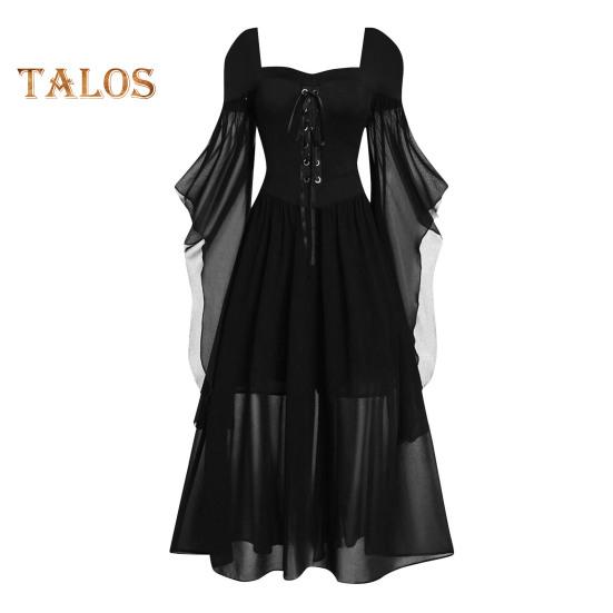 Vinatge Damenkleid, unregelmäßige Hornärmel, einfarbig, A-Linie, großer Saum, schmale Taille, plissierter Schnürriemen, mittelalterliche Halloween-Party, Cosplay-Kostümparty