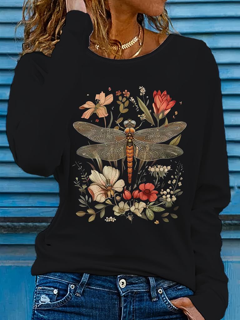 Women's Autumn Fashion Casual Loose Printed Designs Pattern Printed Round Neck Long Sleeve T-shirt Top