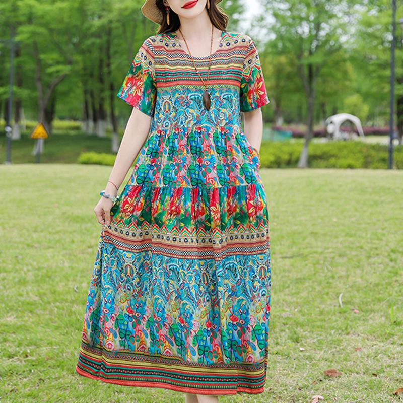 

Elegant Women s Summer Dress Loose Short Sleeve Plus Size Casual Long Dresses Vintage Clothes 5XL синій