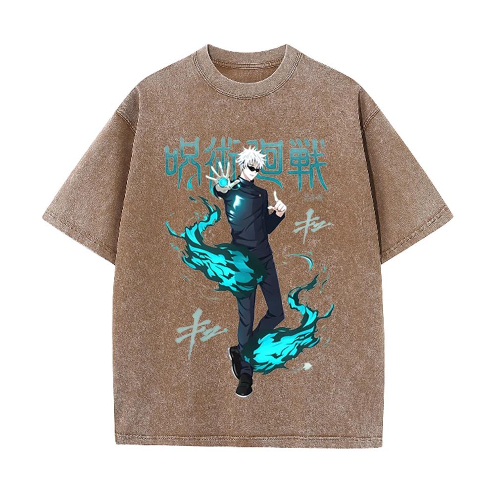 2026 Anime Graphic Washed T Shirt Unisex Oversized Cotton Short Sleeve Tee Harajuku Streetwear Manga Fan Casual Daily Tops