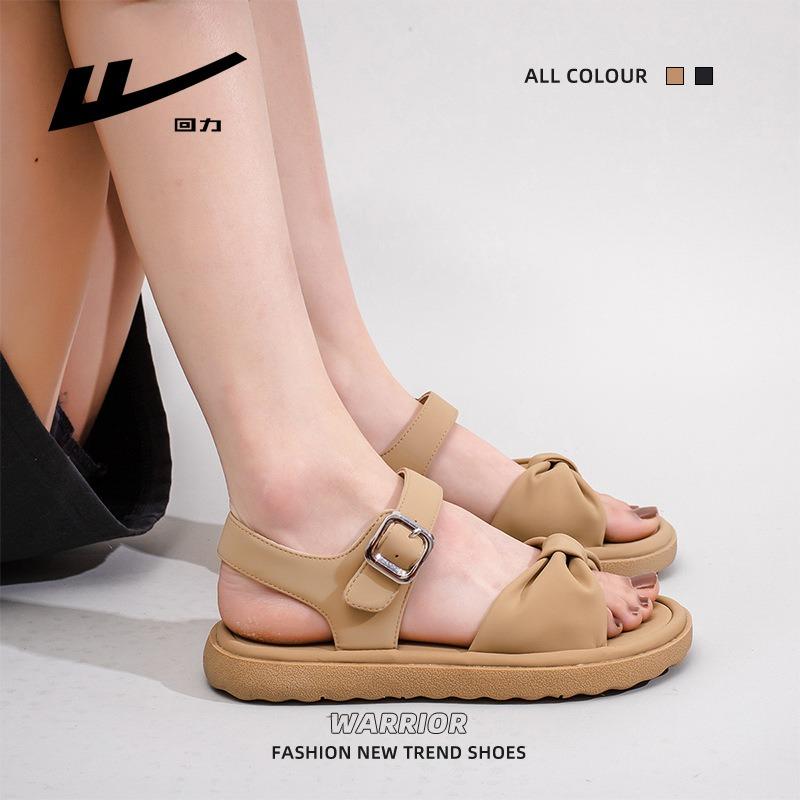 Bow sandals flat-soled women's solid color one-word temperament casual shoes literary and high-value beach shoes