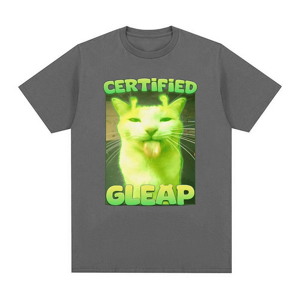 Certified Gleap Funny Alien Brainrot Cat Meme Graphic T-shirt Men Women Fashion Short Sleeve T-shirts Cotton Oversized T Shirts