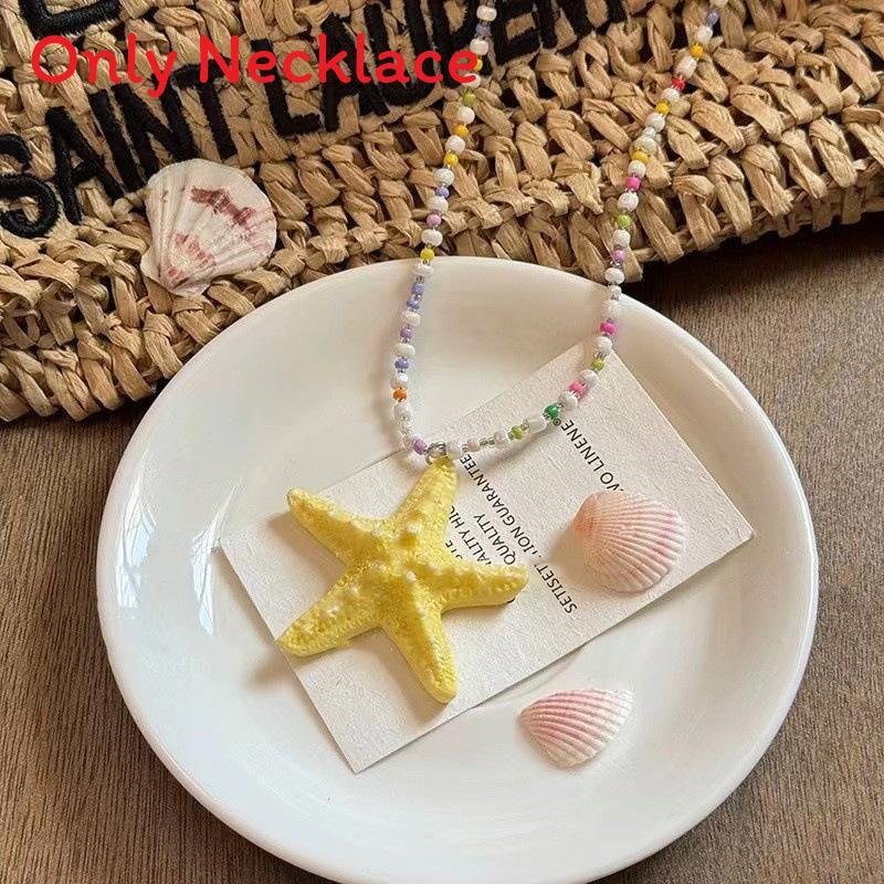 Sea Star Long Beaded Necklace With Alloy Pendant For Summer Beachwear Jewelry