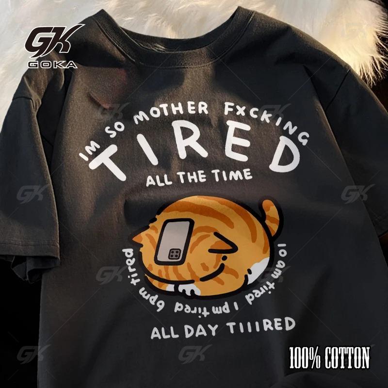 

Tired Head Hugging Cat Original Ins Japanese Loose T-shirt Unisex Orange Cat Tired Short Sleeve Pure Cotton Trend Tees Couple 4XL