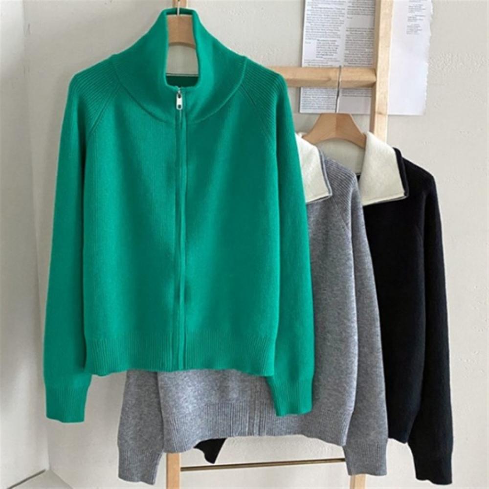 New Arrivals Open Run Women Viscose Raglan Color Block Collar Neck Zip Knit Card