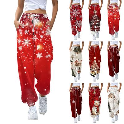 Calças casuais femininas com cordão elástico na cintura e estampa de natal