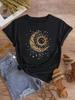 Camiseta Casual de Cuello Redondo para Mujer en Tejido de Mezcla de Poliéster, Largo Regular con Estampado de Sol, Luna y Estrellas, Adecuada para el Verano