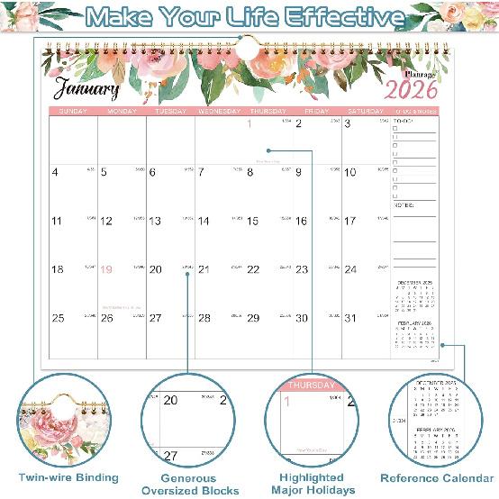 2026 Calendar - Wall Calendar 2026, Jan. 2026 - Dec. 2026, 2026 Wall Calendar 12 Month, 14.6" X 11.5", Twin-Wire Binding, Julian Date