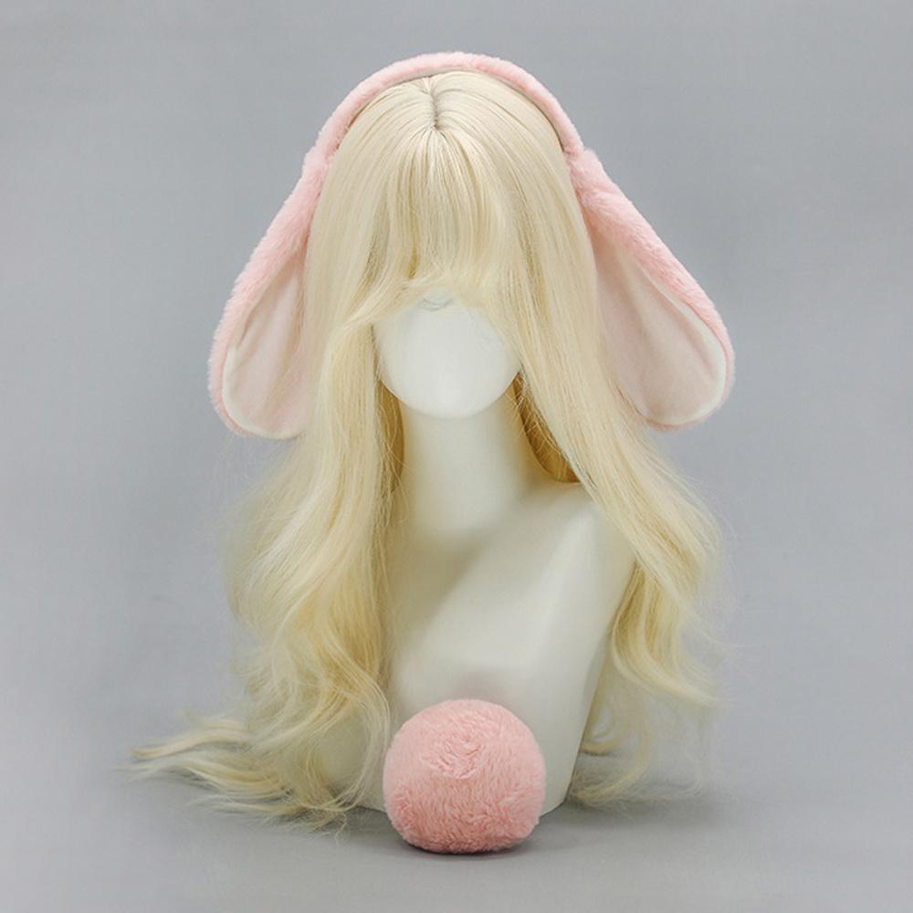 2 Stück/Set Hasenohren-Kopfschmuck Lolita Hasenohr-Schwanz-Set Plüsch Niedlich Hängendes Hasenohr-Haarband Osterparty Cosplay Zubehör ear and tail beige