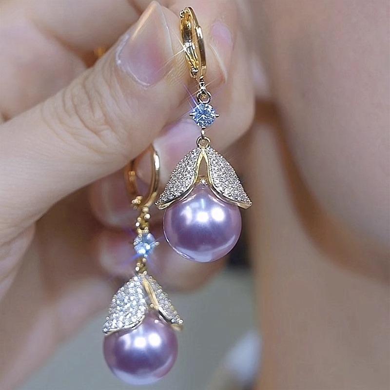 Exquisite Zirconia Leaf Earrings with Purple Pearl Dangles - High-End Luxury Design for Women