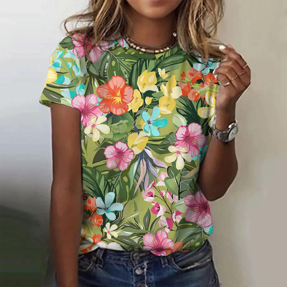 Colorful Floral Pattern 3D Digital Printing Women's Comfortable Round Neck Short Sleeved T-shirt