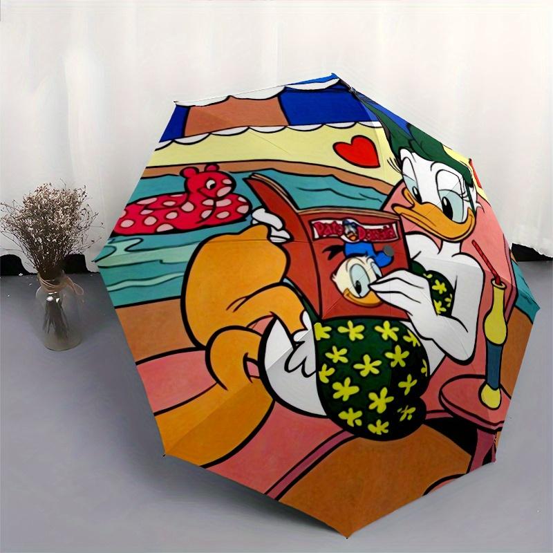 Margarida Duck Reading Book Beach Automatic Folding Umbrella - 3 Folding Design, Vivid Cartoon Pattern, Suitable for Outdoor Activities, A G