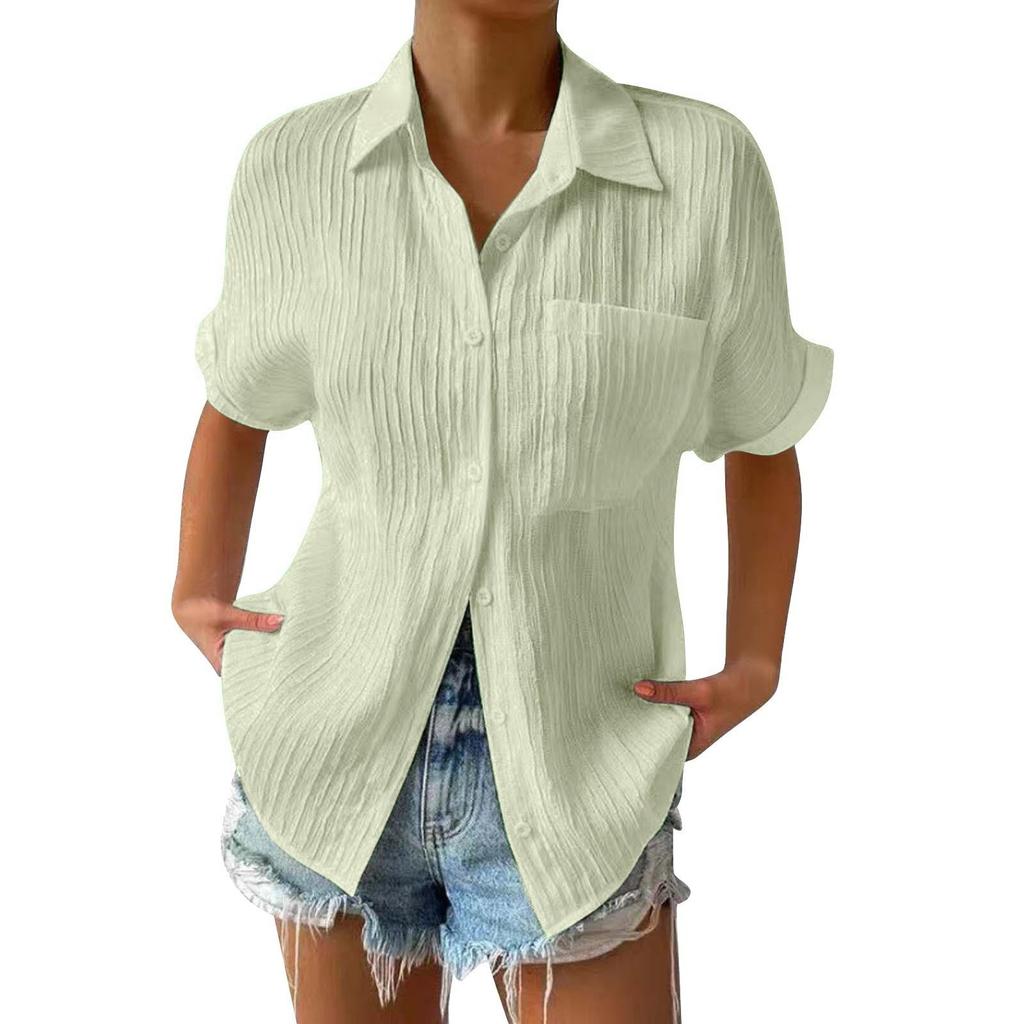 2023 Patchwork Pocket Short Sleeve Casual Women's Lapel Shirt