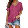 GMXIA Women's Solid Color Bat-sleeve Side Pleated V-neck Short-sleeved T-shirt
