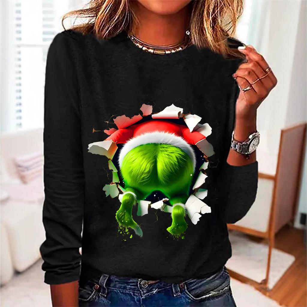 Rundhals 3D-bedrucktes lustiges Weihnachts-Dschinni-Muster Top Modische lässige langärmelige Damen-T-Shirts