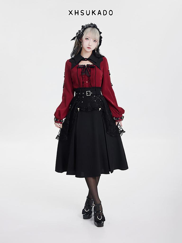 XHSUKADO Long Detachable Ribbon and Ruffled Gothic Yami Student Size S Women's Lace-Up Blouse, Sleeve, Spring/Autumn, Brooch, Lace, Style, Kawaii,