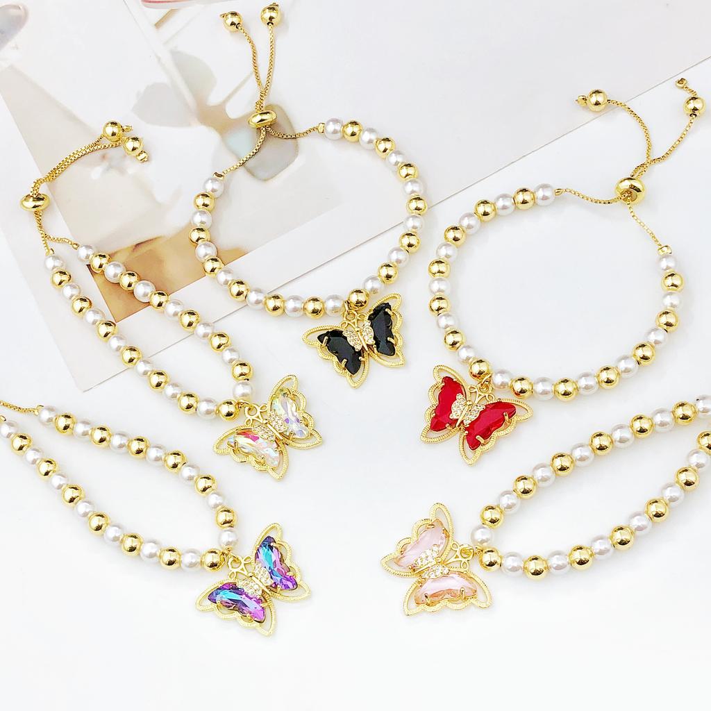 Luxury Butterfly Crystal Zircon Copper Bead Pearl Chain Bracelet Charming for Women Girls Daily Party Wrist Jewelry Wholesale
