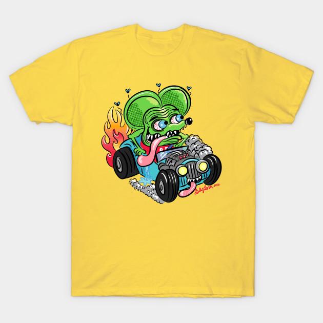 Asian Size Men Black Print T-shirt Hot Rod Rat No-Cut Heat Transfer Print Cotton Tshirt