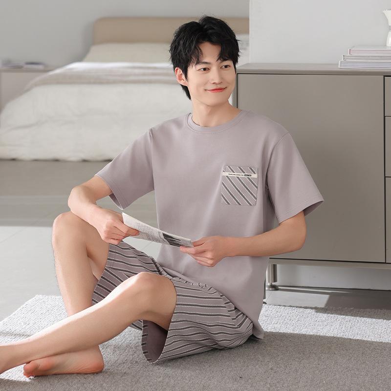 1011 New Men's Pajamas Summer Cotton Short Sleeve Shorts Large Size Thin Loose Casual Style Homewear Set