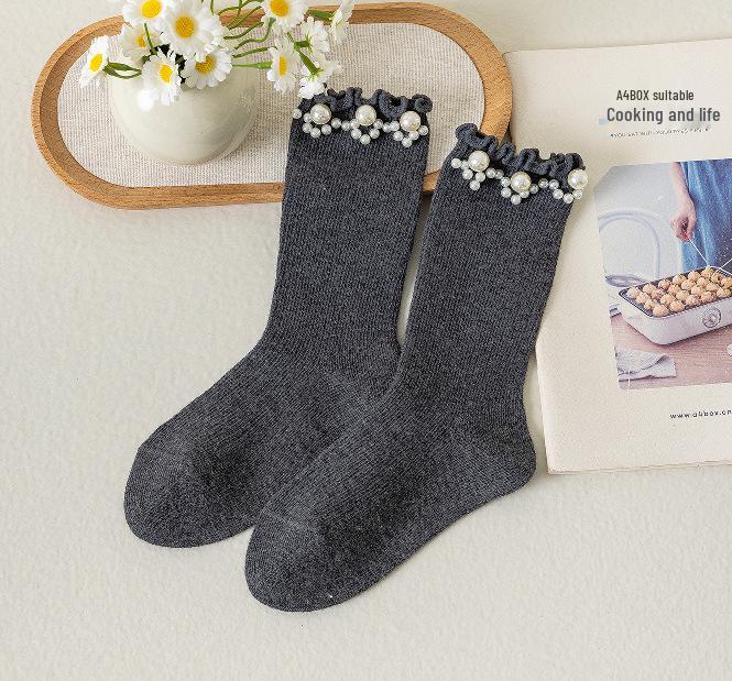 Children's Lace Pearl Mid-Calf Princess Socks - Spring/Autumn Retro Solid Color for Girls