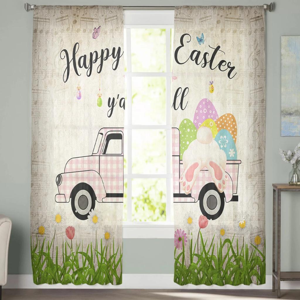 Ostern Ei Hase Schmetterling Blume LKW Tüll Vorhänge für Wohnzimmer Schlafzimmer Voile Sheer Vorhang Fenster Home Decor Vorhänge