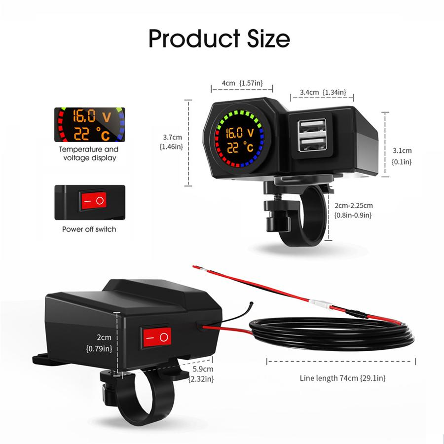 Waterproof Motorcycle Dual USB Phone Charger Adapter w/ Voltmeter & Temp Display