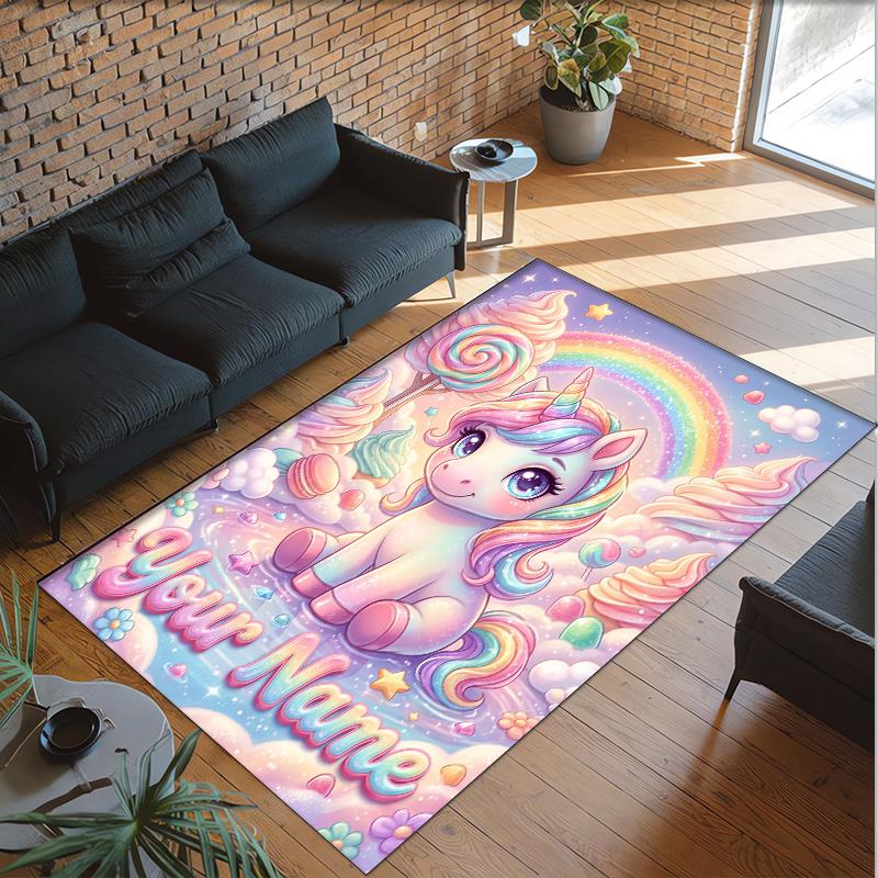 Alfombra de Suelo de Terciopelo de Cristal con Temática de Unicornio, Alfombra Cálida Personalizada con Nombre y Texto, Decoración del Hogar